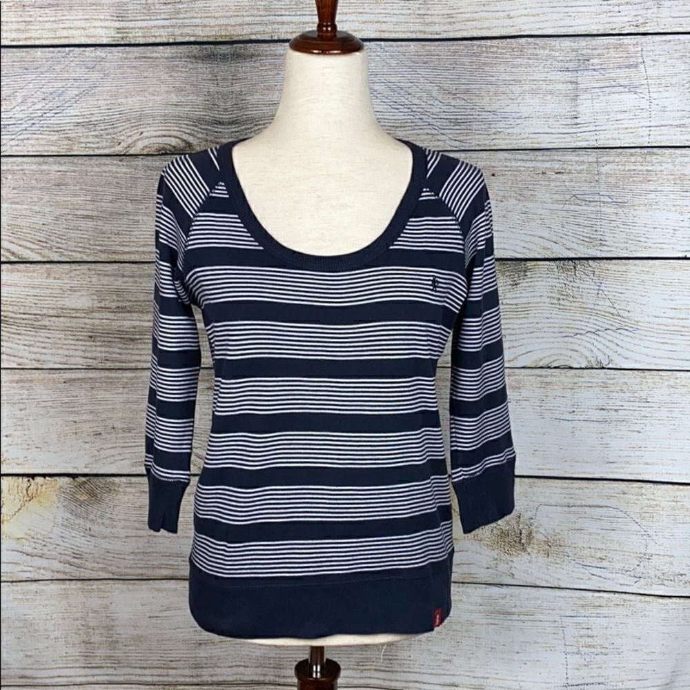 ESPRIT Blue White Striped Top Short Sweater 3/4 Sleeves Scoop neck L